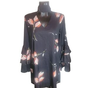 Ouevre Black Floral Print Choker Neck Ruffle Sleeve Dress M